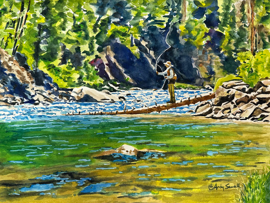 "Casting from a Log" - 9x12 original watercolor framed 11x14