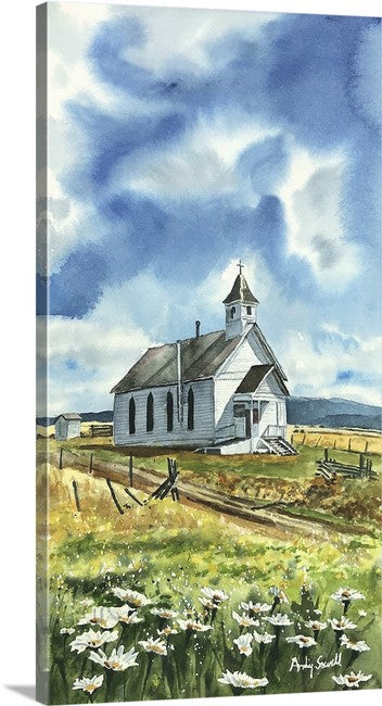 "Churchyard Daisies" signed Giclee Reprod. of an old country church