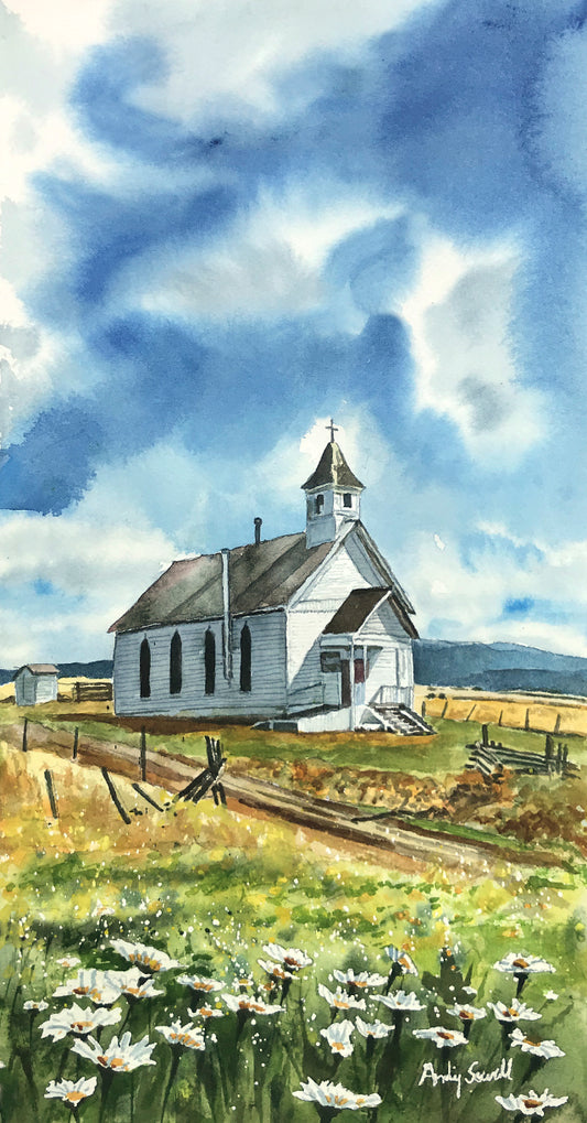 "Churchyard Daisies" signed Giclee Reprod. of an old country church