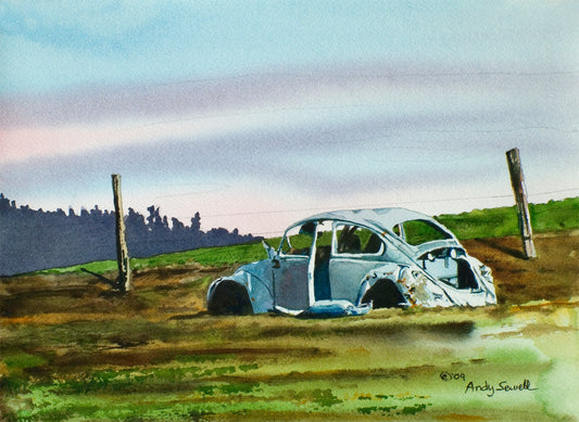 Country "Slugged Bug"- a signed giclee art print from an original watercolor of a VW Bus - by Andy Sewell