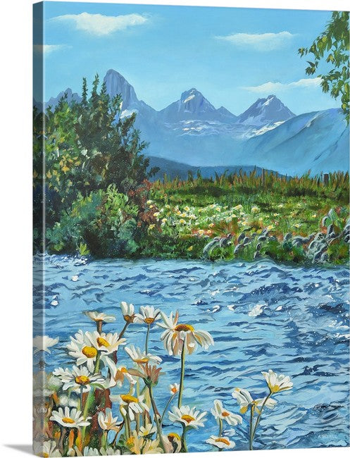 "Daisies in the Tetons" - Canvas Giclée art print of oil painting of Idaho Daisies in the Tetons.