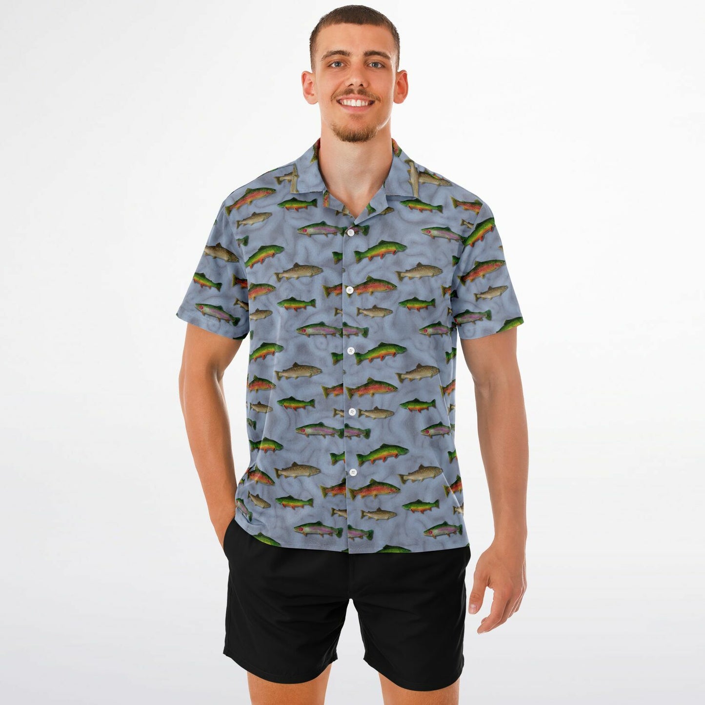 "Trout Grand Slam" light Blue Short Sleeve Button-Down Shirt