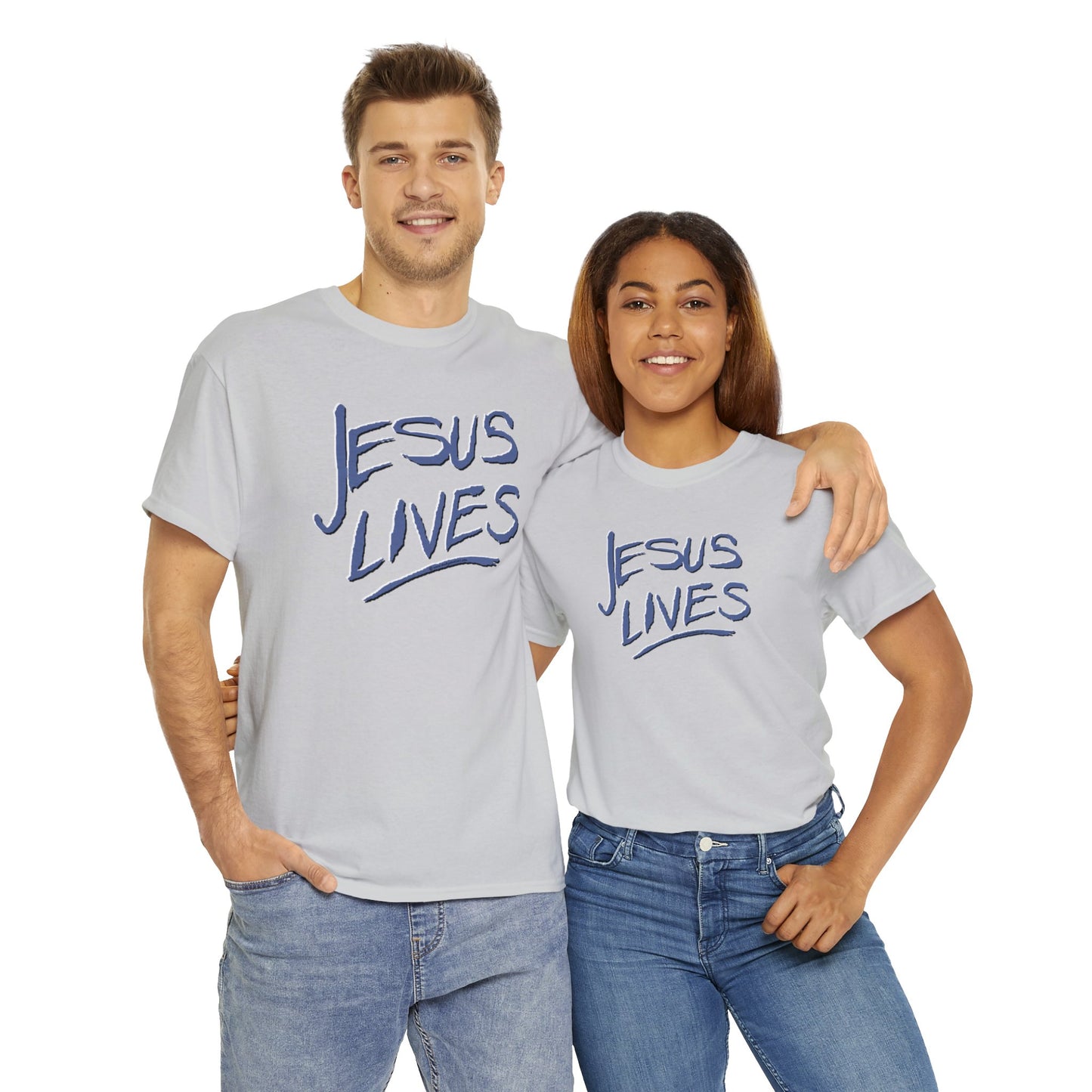 "Jesus Lives" T-shirt on front.