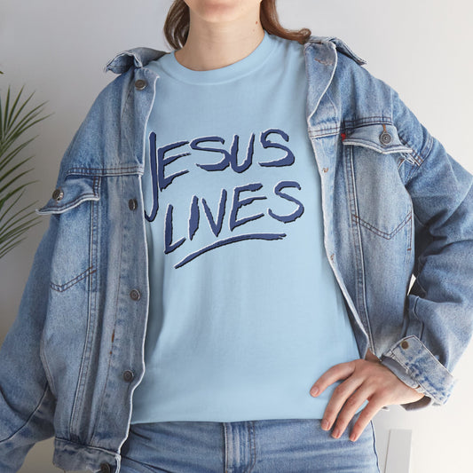 "Jesus Lives" T-shirt on front.