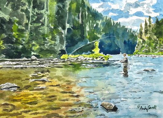 "Fishing into the clear" - 9x12 giclee print from original watercolor framed at 11x14