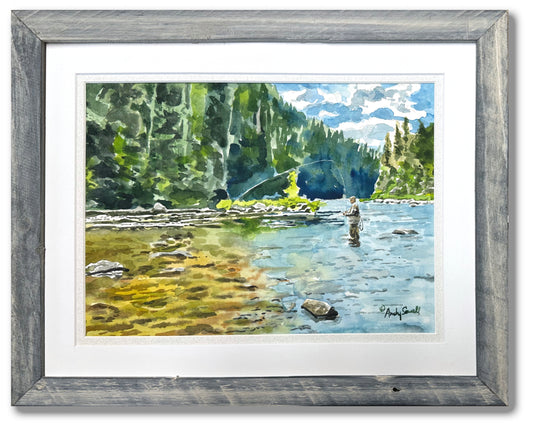 "Fishing into the clear" - 9x12 giclee print from original watercolor framed at 11x14
