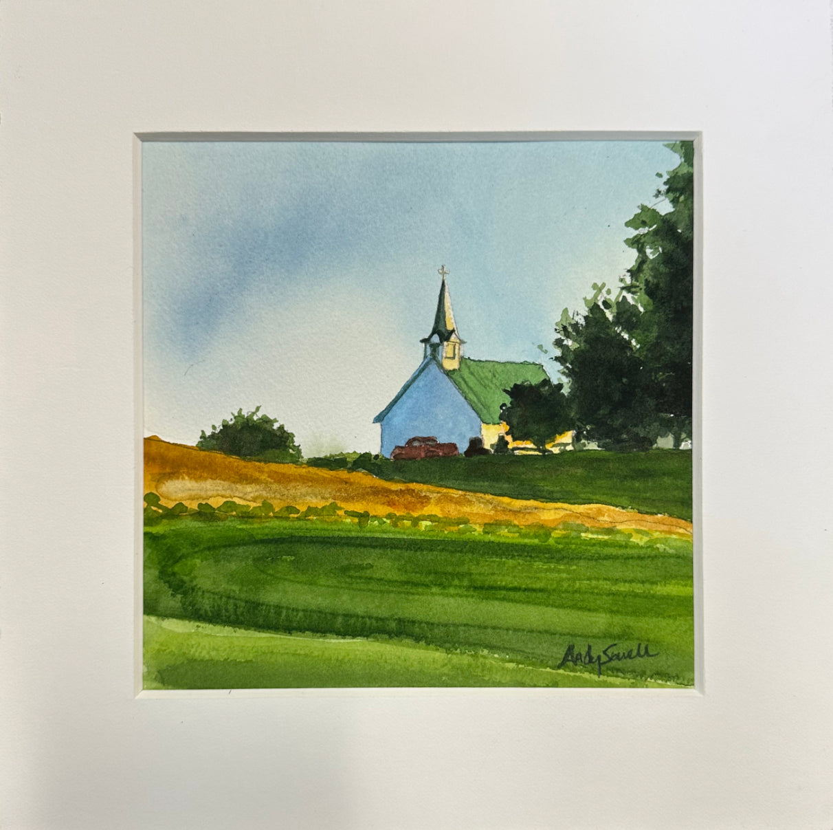 "Freeze Church spring" 6x6 Original watercolor of a popular local church