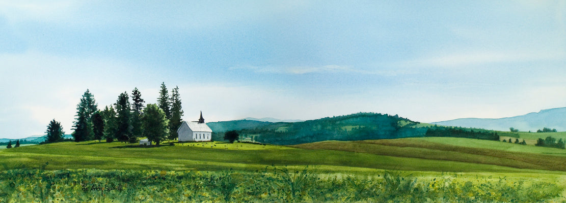 "Freeze Church Peaceful Pastures" 11x30 watercolor Giclee Reprod. of a popular local church