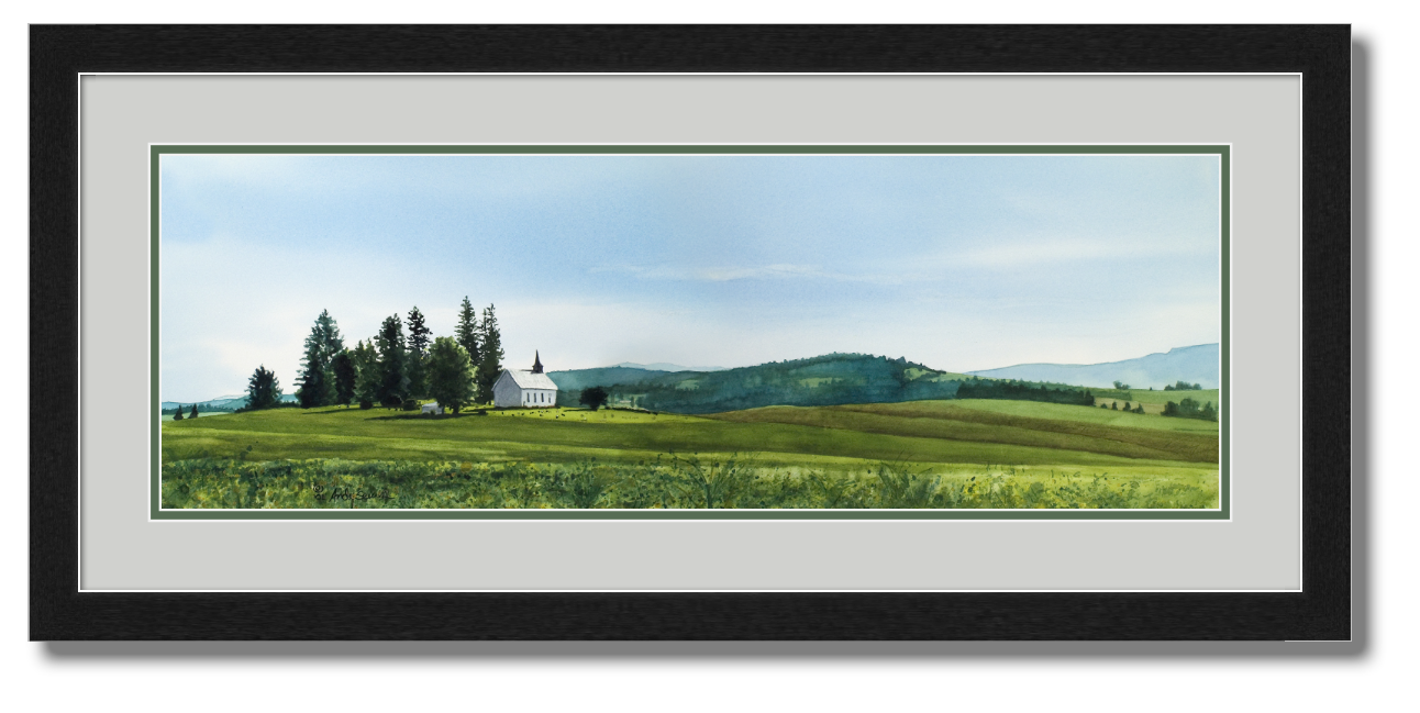 "Freeze Church Peaceful Pastures" 11x30 watercolor Giclee Reprod. of a popular local church