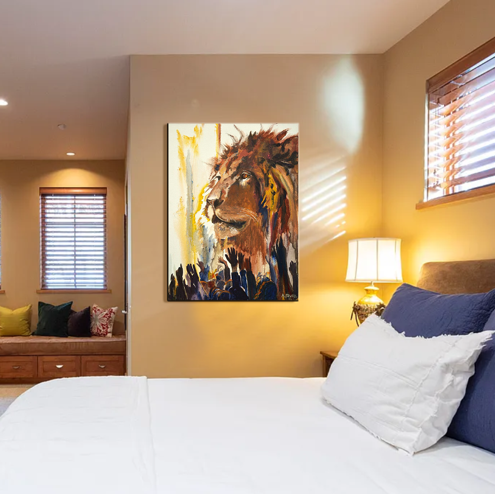 "Gathering unto the King" - King Jesus as the Lion being lifted up. Giclée prints available.