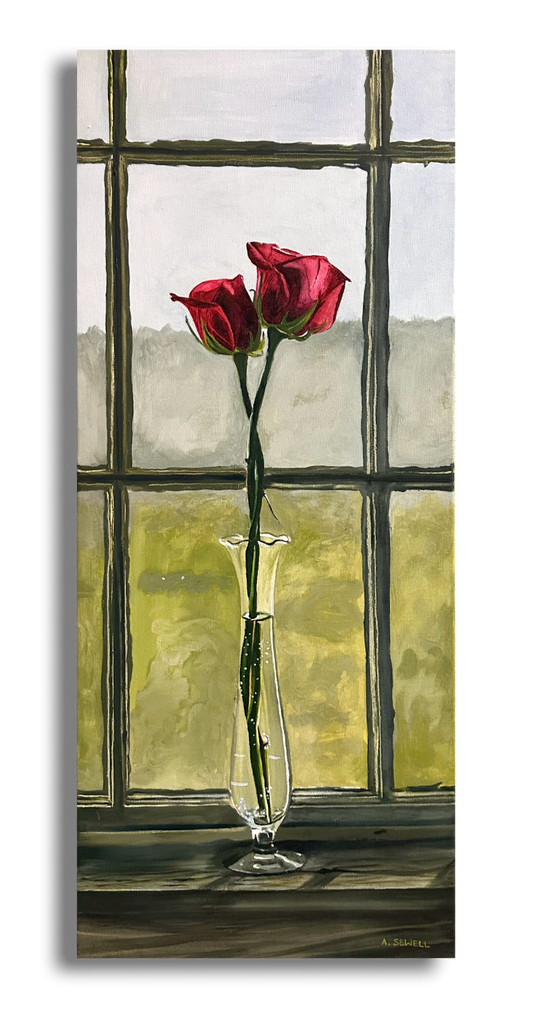 "Intimate Pair" - 12x29 Oil Painting of two roses entwined