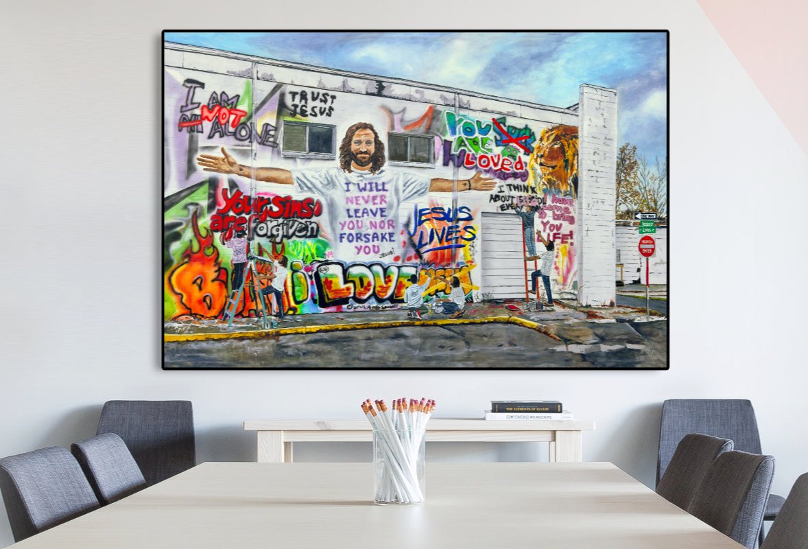 "Painting Graffiti with Jesus" - Framed Giclée fine art prints of Jesus helping change the lies to truth!