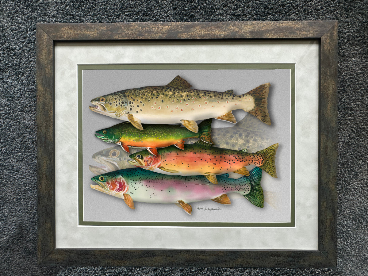 "School Colors" - Ltd. Ed. (400) paper/canvas Giclée art print of a watercolor of the grand slam of trout!