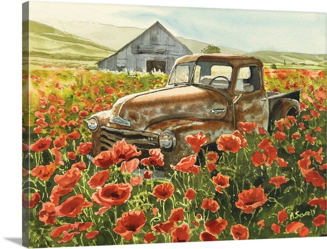 "Poppies & Patina, Chevy's last ride" 12x16 watercolor of 5-window Chevy in a field of poppies