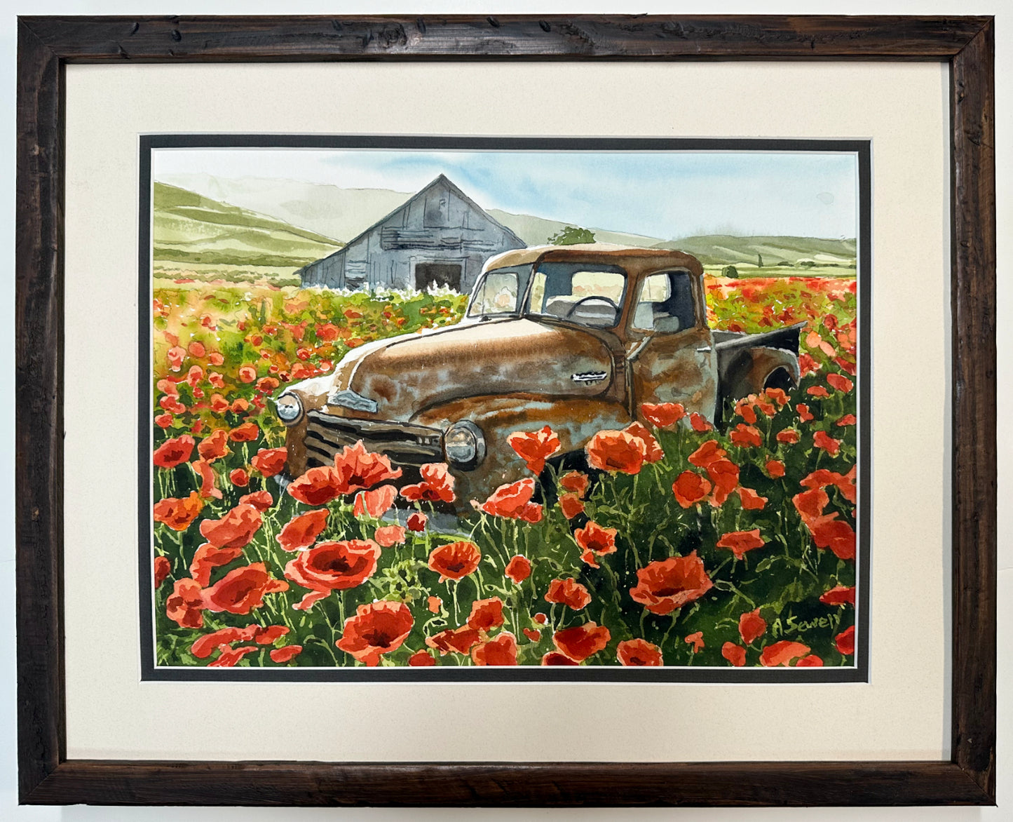 "Poppies & Patina, Chevy's last ride" 12x16 watercolor of 5-window Chevy in a field of poppies