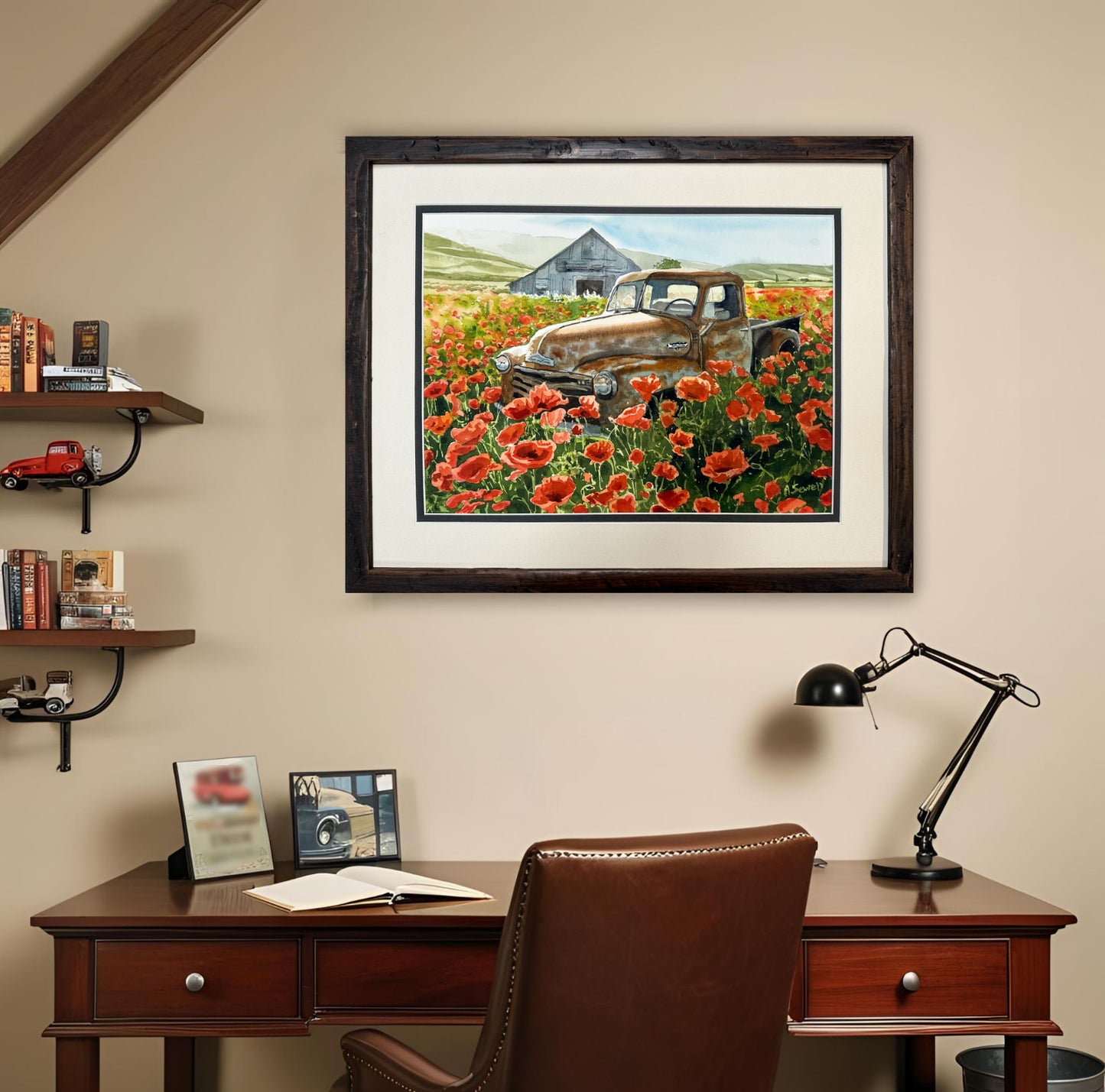 "Poppies & Patina, Chevy's last ride" 12x16 watercolor of 5-window Chevy in a field of poppies