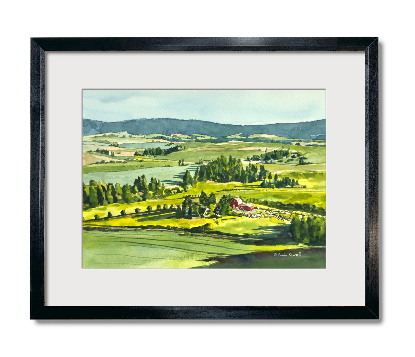 "Red Barn, Green Country" - 10"x14" Original watercolor, or framed in 14x18