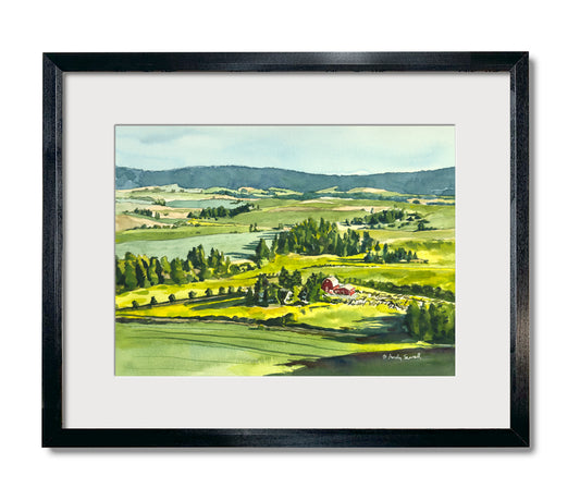 "Red Barn, Green Country" - 10"x14" watercolor prints, or framed in 14x18