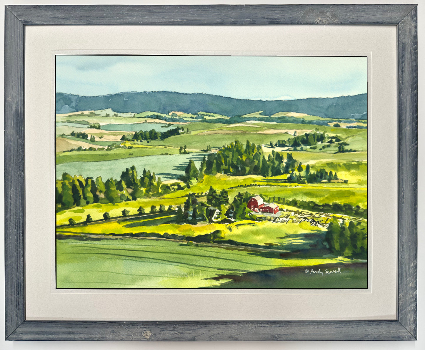 "Red Barn, Green Country" - 10"x14" Original watercolor, or framed in 14x18