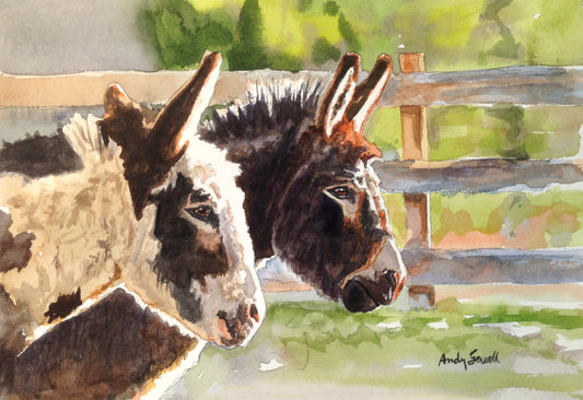 "Donkey Duo" - A signed Giclee art print from a watercolor of my neighbors donkeys.