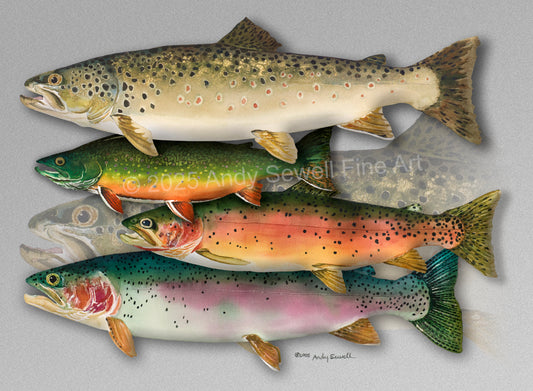 "School Colors" - Ltd. Ed. (400) paper/canvas Giclée art print of a watercolor of the grand slam of trout!