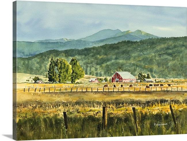 "Red Barn at Jughandle Mountain" - an Original 18x24 Watercolor or Open Edition Print
