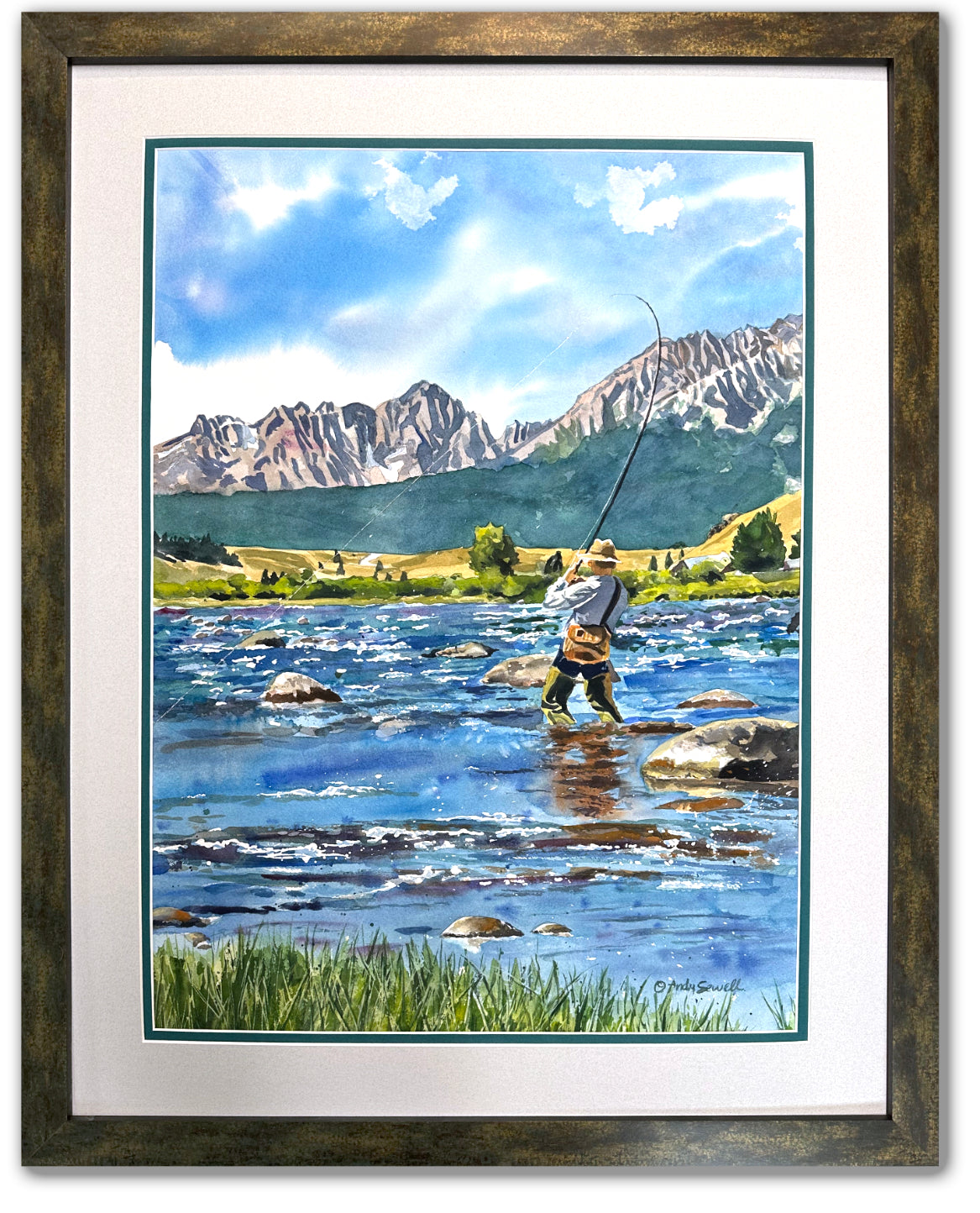 "Tight Lines" - an Open Edition Print from a watercolor of a Fly-fisherman on Idaho's upper Salmon River.