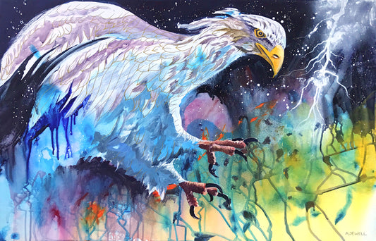 "The Warring Angel" 24"x36"- Prophetic art painted in a live worship service. Original or Giclée prints available.