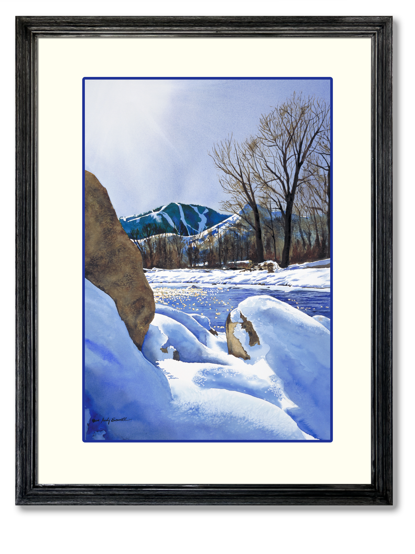 "Valley Winter Sun" - Ltd. edition Giclee reprod. from watercolor of Sun Valley's Bald Mtn.
