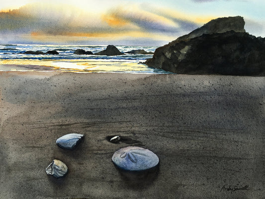 "Two Bits and a Dollar" signed edition Giclee Reprod. of watercolor with sand dollars on the West Coast.