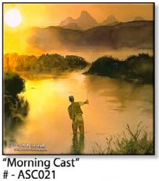 "Morning Cast" Sunrise in the Tetons, flyfisherman, Giclée reprod. from watercolor.