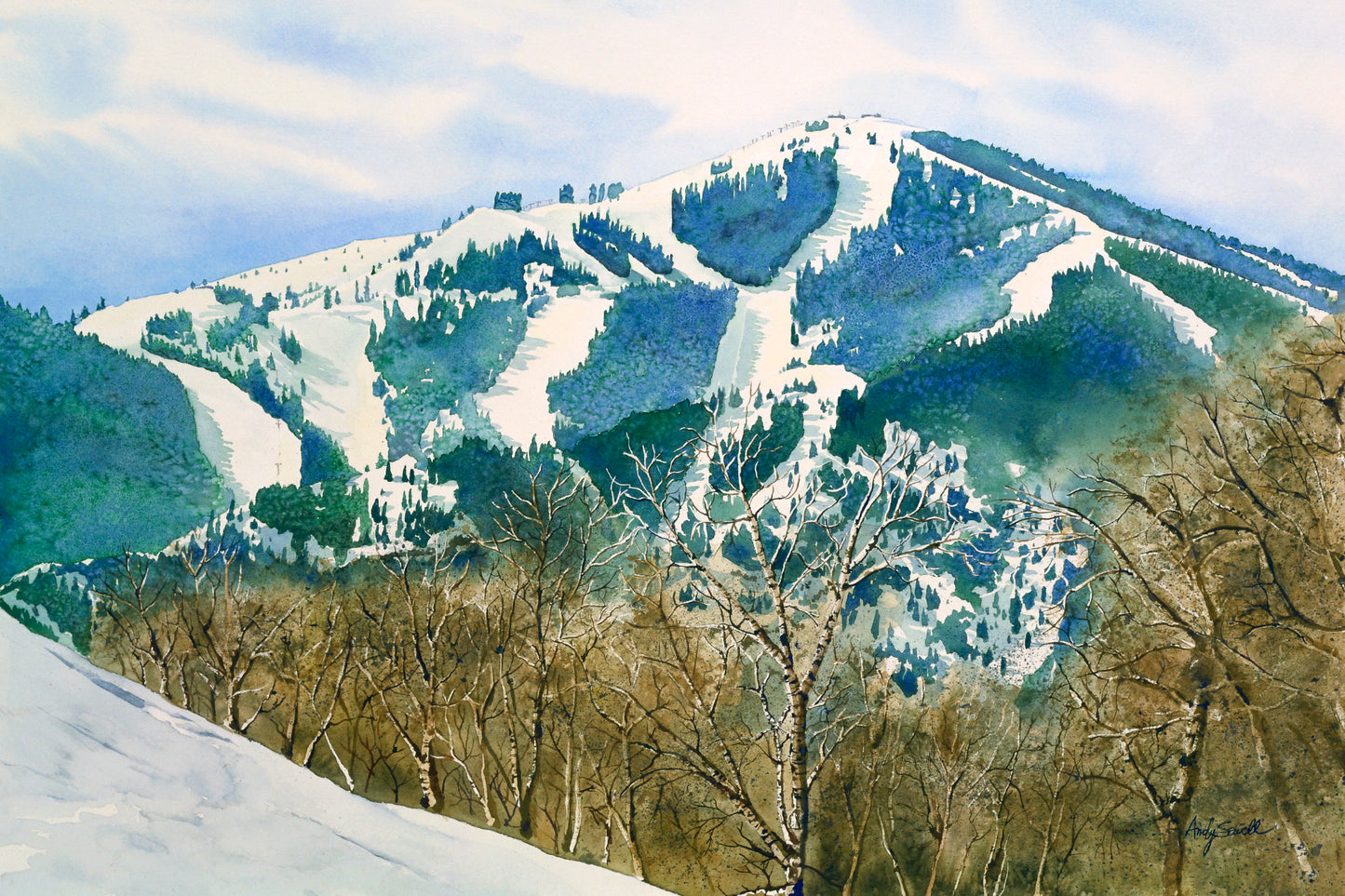 "Baldy over Bitteroot" - a limted edition Giclee reprod. from a watercolor of Sun Valley's Bald Mtn. - by Andy Sewell