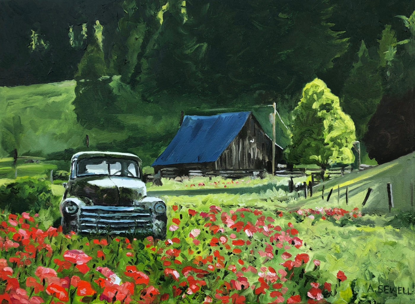 "Chevy in the Poppies" 16x22 original oil painting or signed edition canvas or paper print