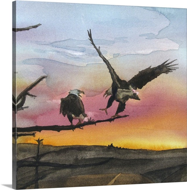 "Eagles Perch" - Original watercolor or prints of Eagles landing in the sunset