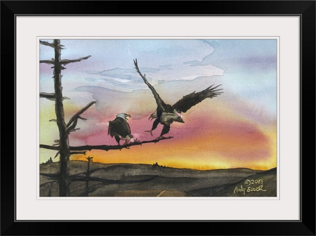 "Eagles Perch" - Original watercolor or prints of Eagles landing in the sunset