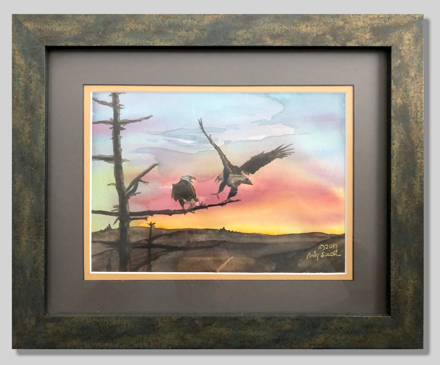 "Eagles Perch" - Original watercolor or prints of Eagles landing in the sunset