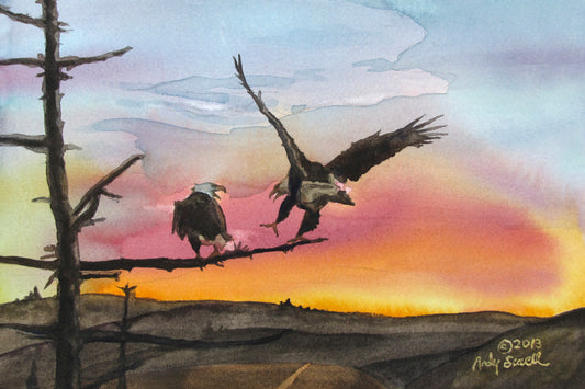 "Eagles Perch" - Original watercolor or prints of Eagles landing in the sunset