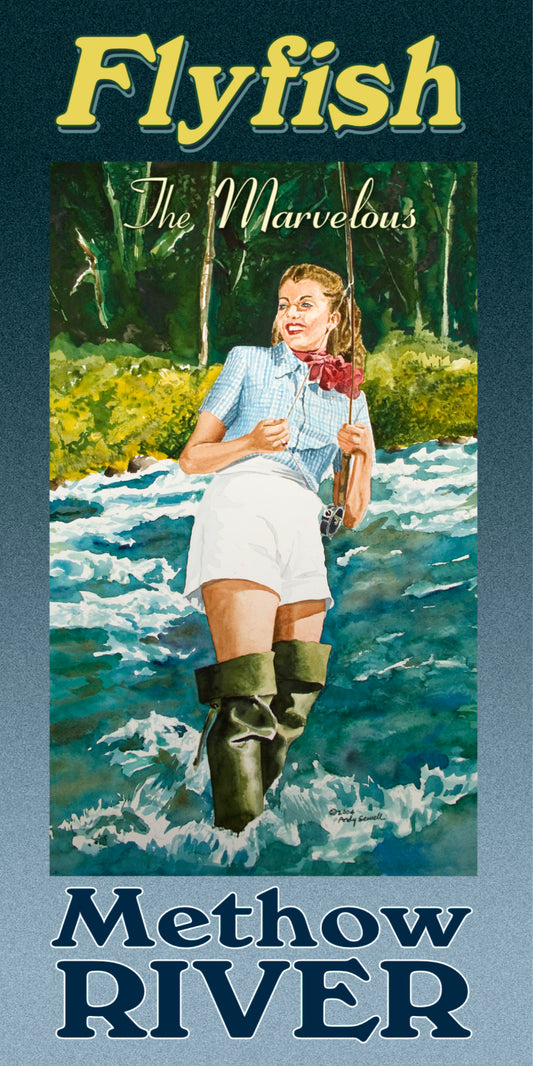 Vintage Look Fly Fishing Woman pin-up "Fish the Methow River" art print from Original watercolor