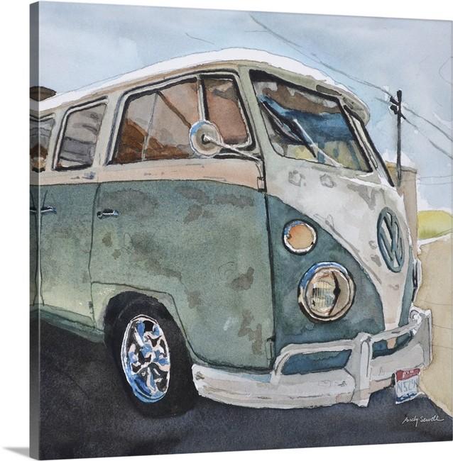 “Baja Blue Bus” An Original watercolor or a signed Giclee art print of old 23 window VW Bus