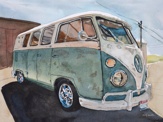 “Baja Blue Bus” An Original watercolor or a signed Giclee art print of old 23 window VW Bus