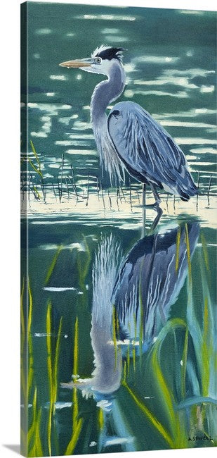 "Heron Reflections" - 11"x22" canvas or paper Giclée art print from an oil painting