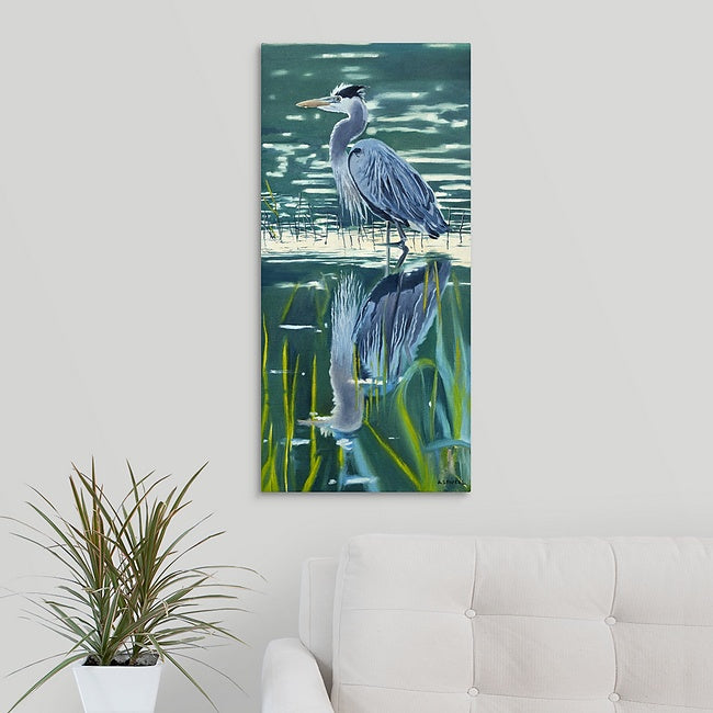 "Heron Reflections" - 11"x22" canvas or paper Giclée art print from an oil painting