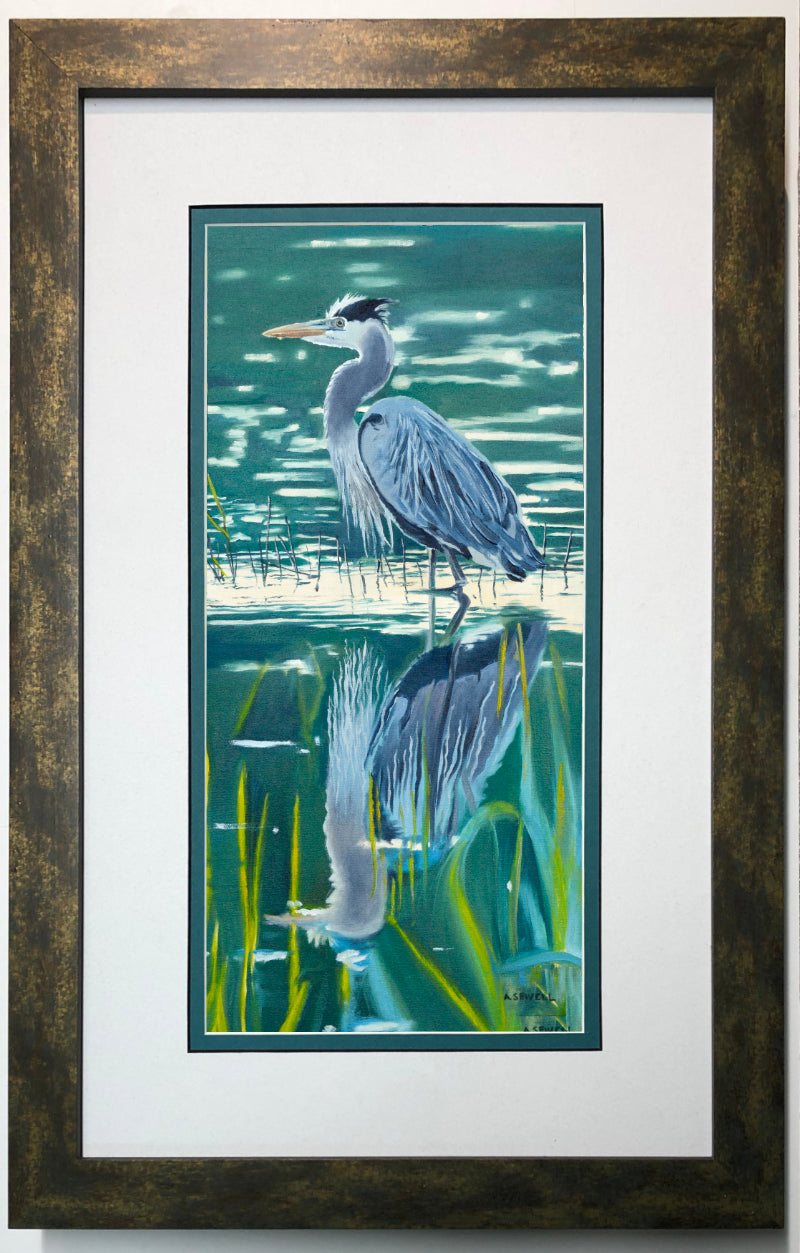"Heron Reflections" - 11"x22" canvas or paper Giclée art print from an oil painting