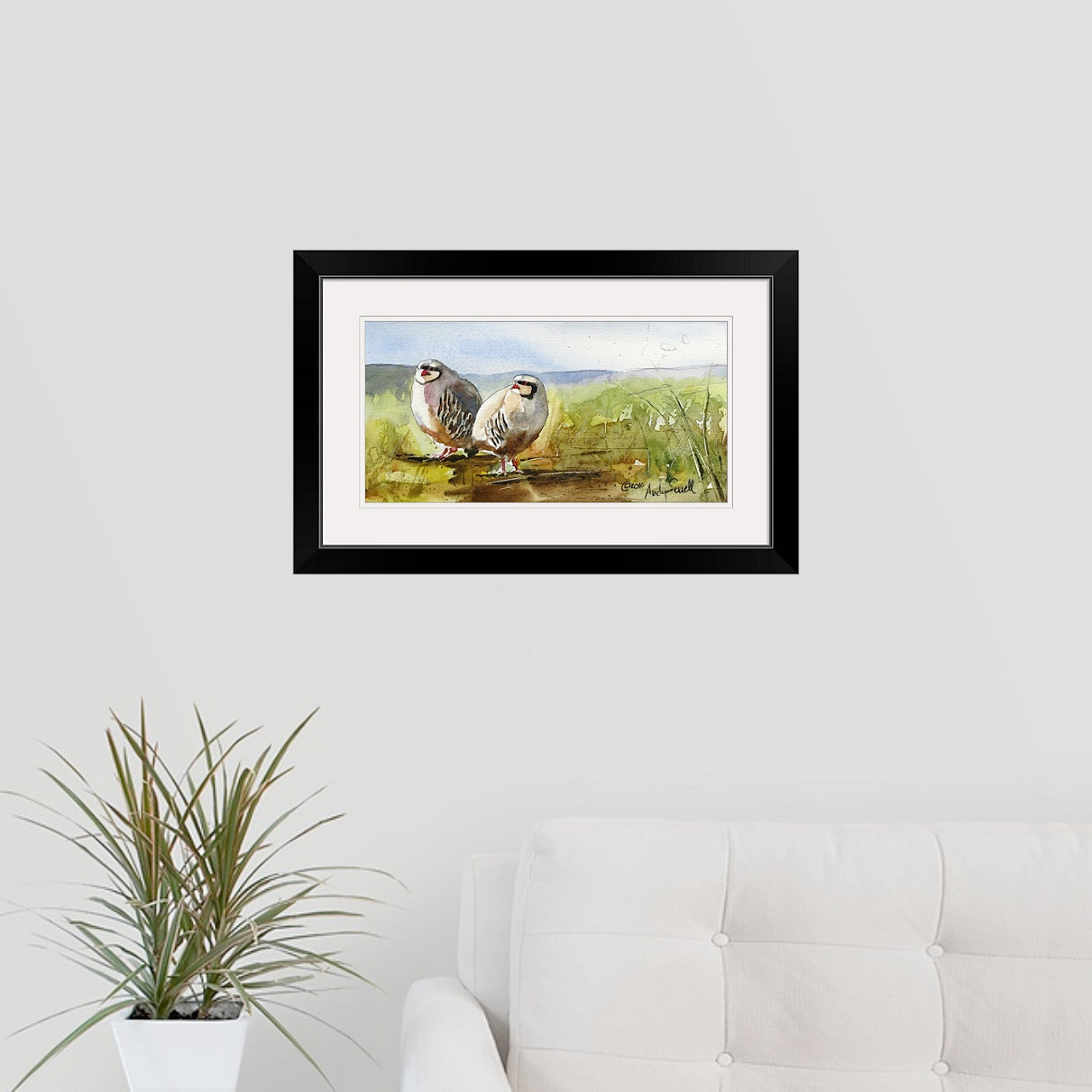 "Huddling up" 20x10" -A signed Giclee art print from an Original watercolor of 2 chukars in a huddle