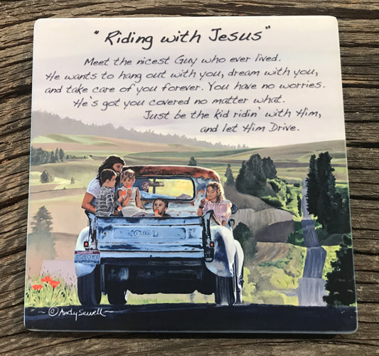 ASC356 "Riding with Jesus w/words" ceramic coaster