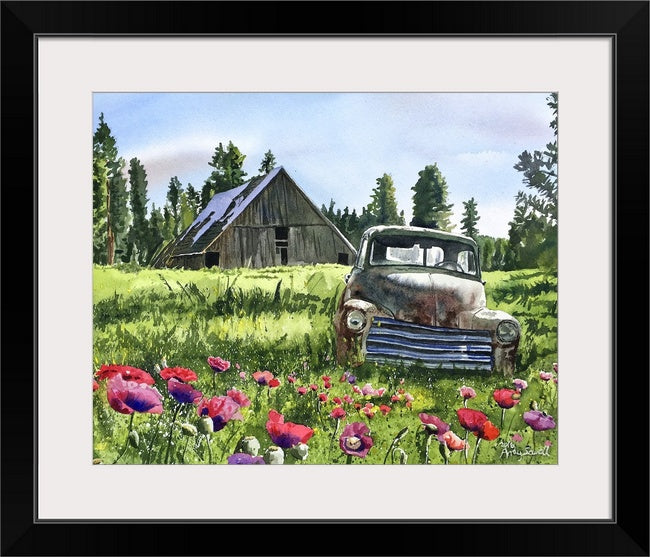 "5 Window June Chevy in the Poppies" Antique Chevy Truck Art Print - a limited edition s/n canvas or paper print from watercolor