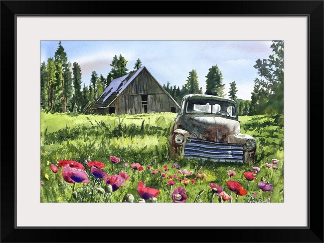 "5 Window June Chevy in the Poppies" Antique Chevy Truck Art Print - a limited edition s/n canvas or paper print from watercolor