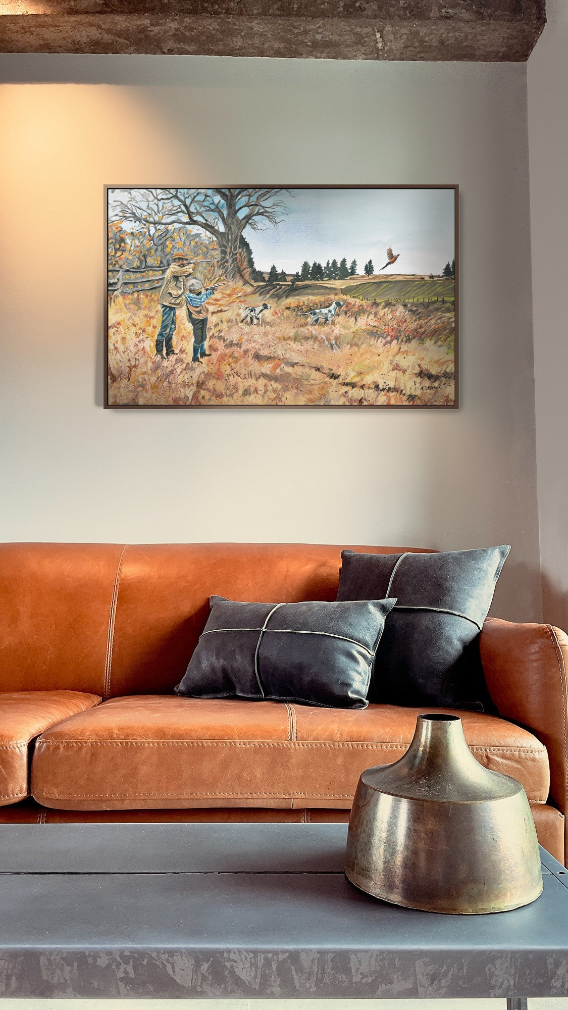 "I'll Cover Ya" 34x21.5 Original oil painting of the young man being taught to shoot by Mentor