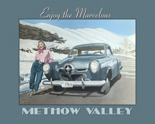 "Mary Jo & the Methow Valley Studebaker" - Open edition, Giclée of Original oil painting of my Mama with her sports car!
