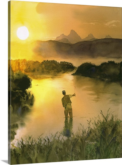 "Morning Cast" Sunrise in the Tetons, flyfisherman, Giclée reprod. from watercolor.